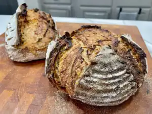 Fresh-milled sourdough bread hot out of the oven