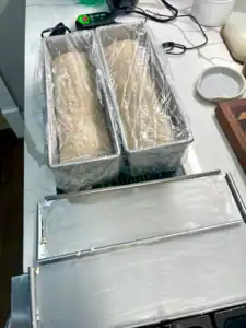 2nd rise on pullman 13 sandwich pans with lids butter set to the side